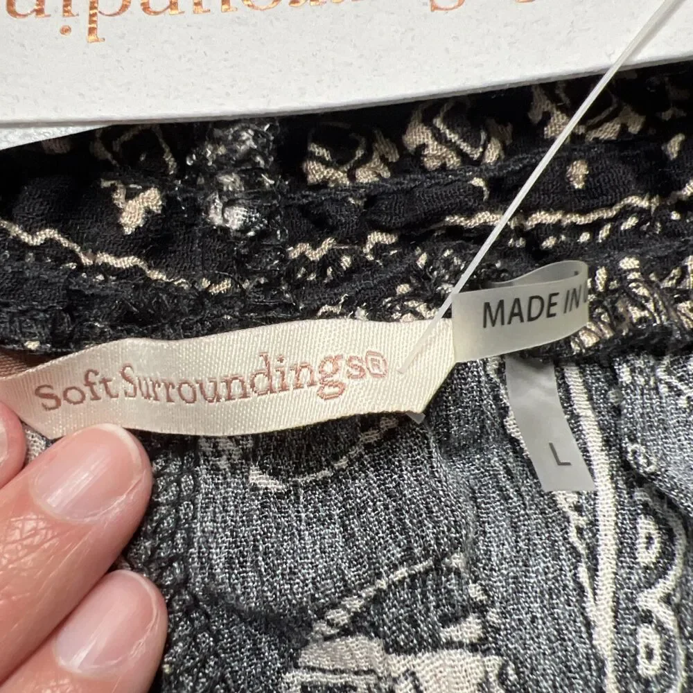 Soft Surroundings Elephant Print Palazzo Pant Black Tan Large Elastic Tassel NWT - Picture 3 of 11